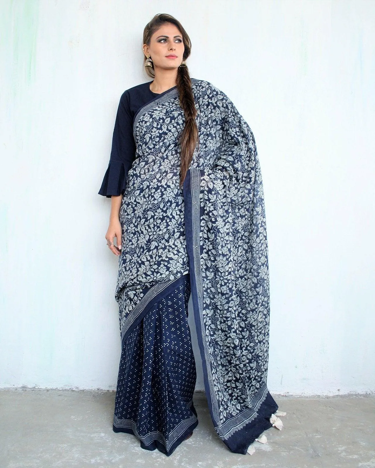 Indigo Garden Hand Blockprinted Cotton Saree