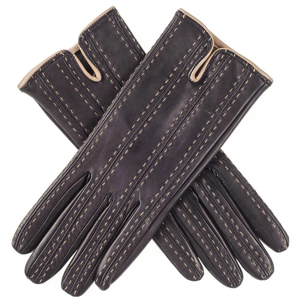 Ladies Black and Taupe Cashmere Lined Leather Gloves