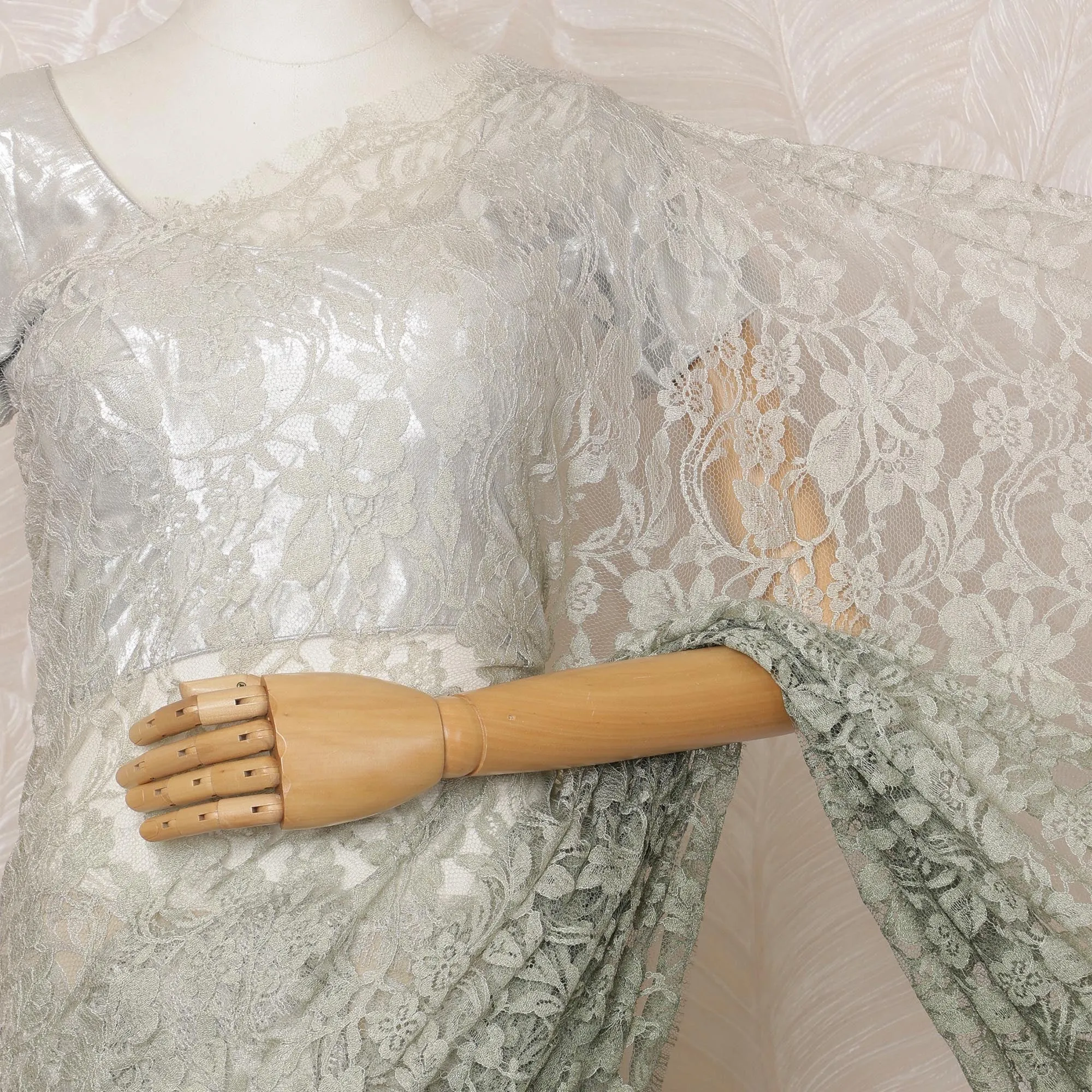 Laurel green to Sage green Ombre Premium French Chantilly Saree Lace - 5.5 Meters, Floral Design, 110 cm Width-D20756