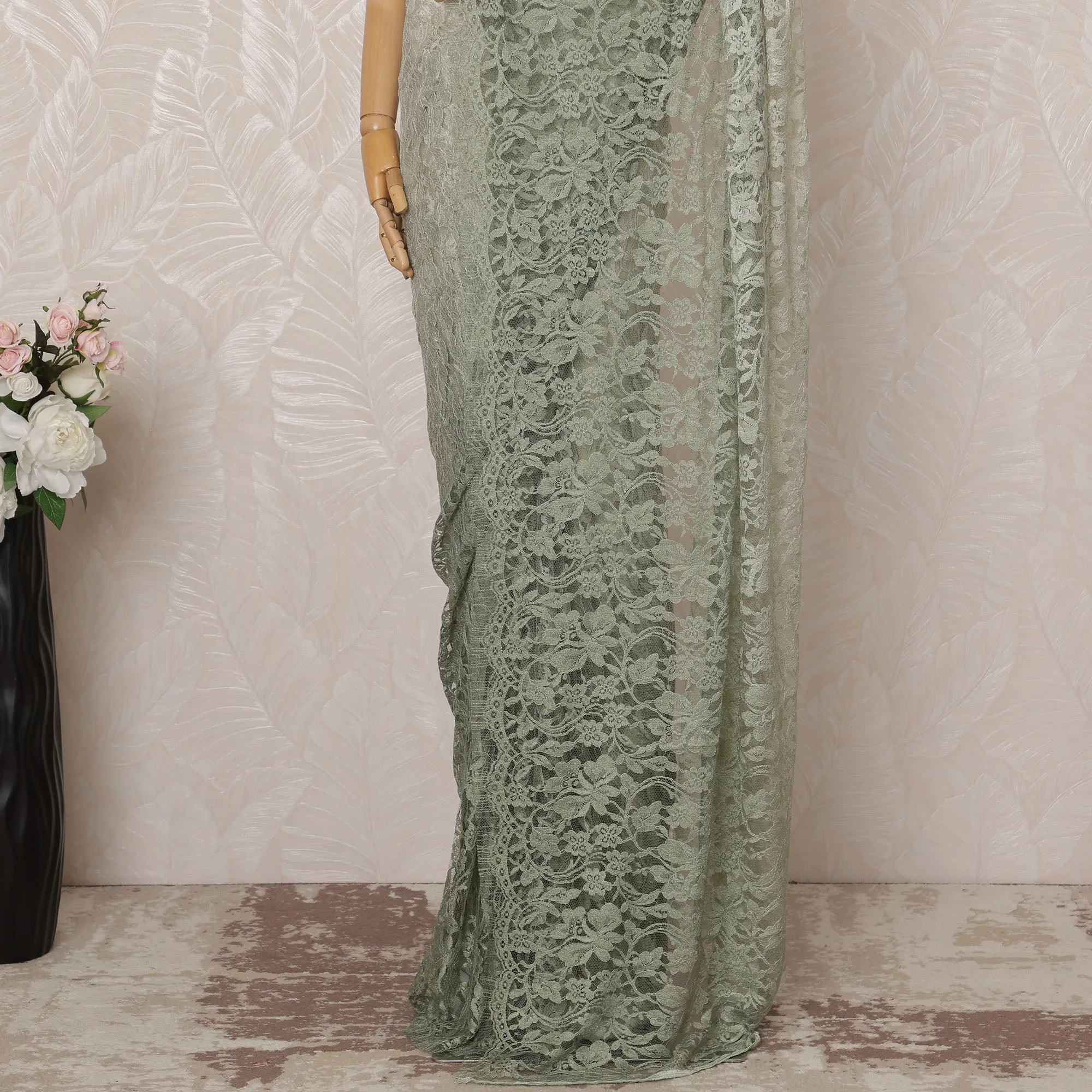 Laurel green to Sage green Ombre Premium French Chantilly Saree Lace - 5.5 Meters, Floral Design, 110 cm Width-D20756