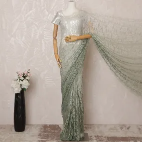 Laurel green to Sage green Ombre Premium French Chantilly Saree Lace - 5.5 Meters, Floral Design, 110 cm Width-D20756