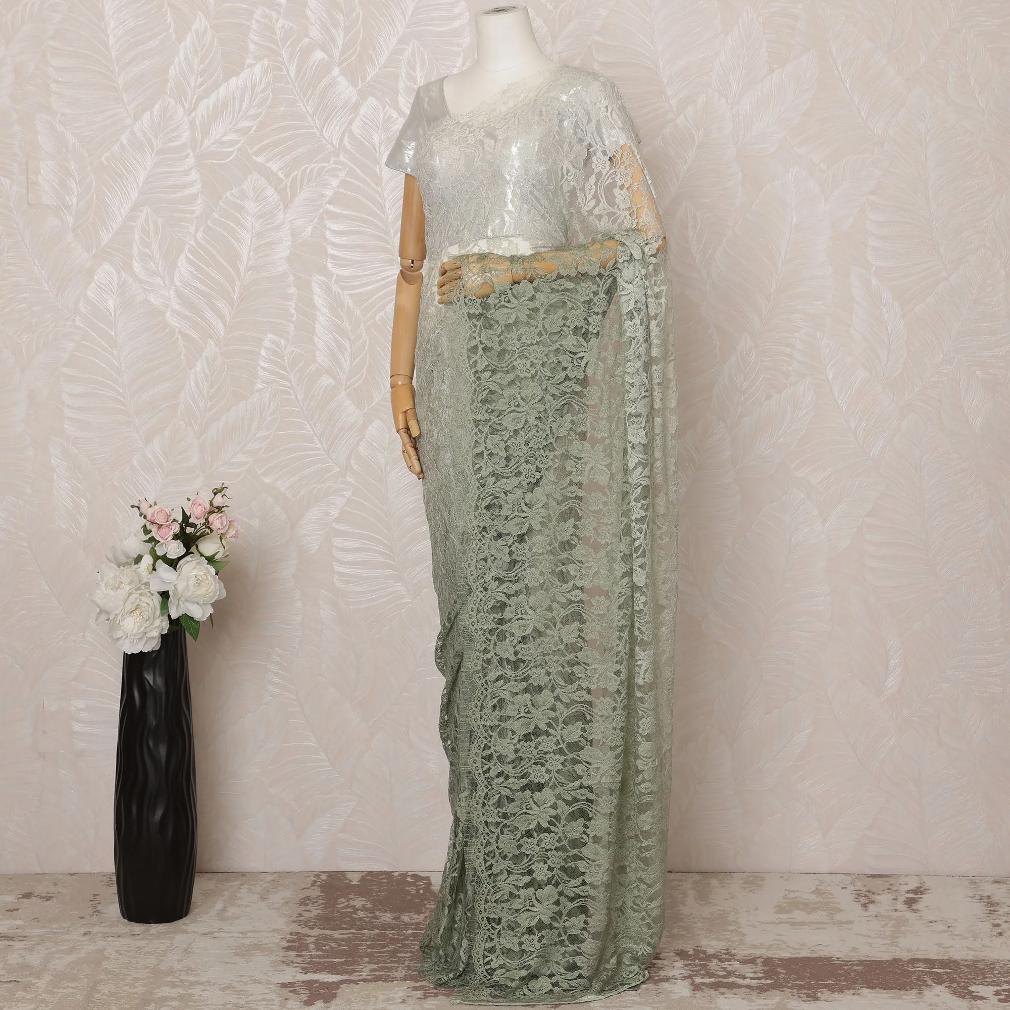 Laurel green to Sage green Ombre Premium French Chantilly Saree Lace - 5.5 Meters, Floral Design, 110 cm Width-D20756