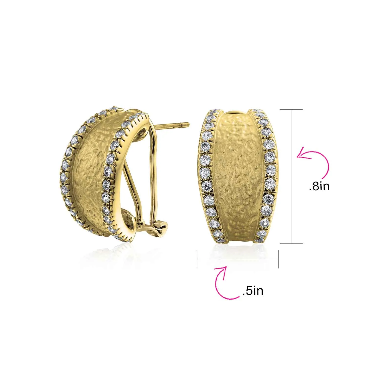 Matte Hammered Shrimp Half Hoop Earrings Pave Edge CZ Silver Plated