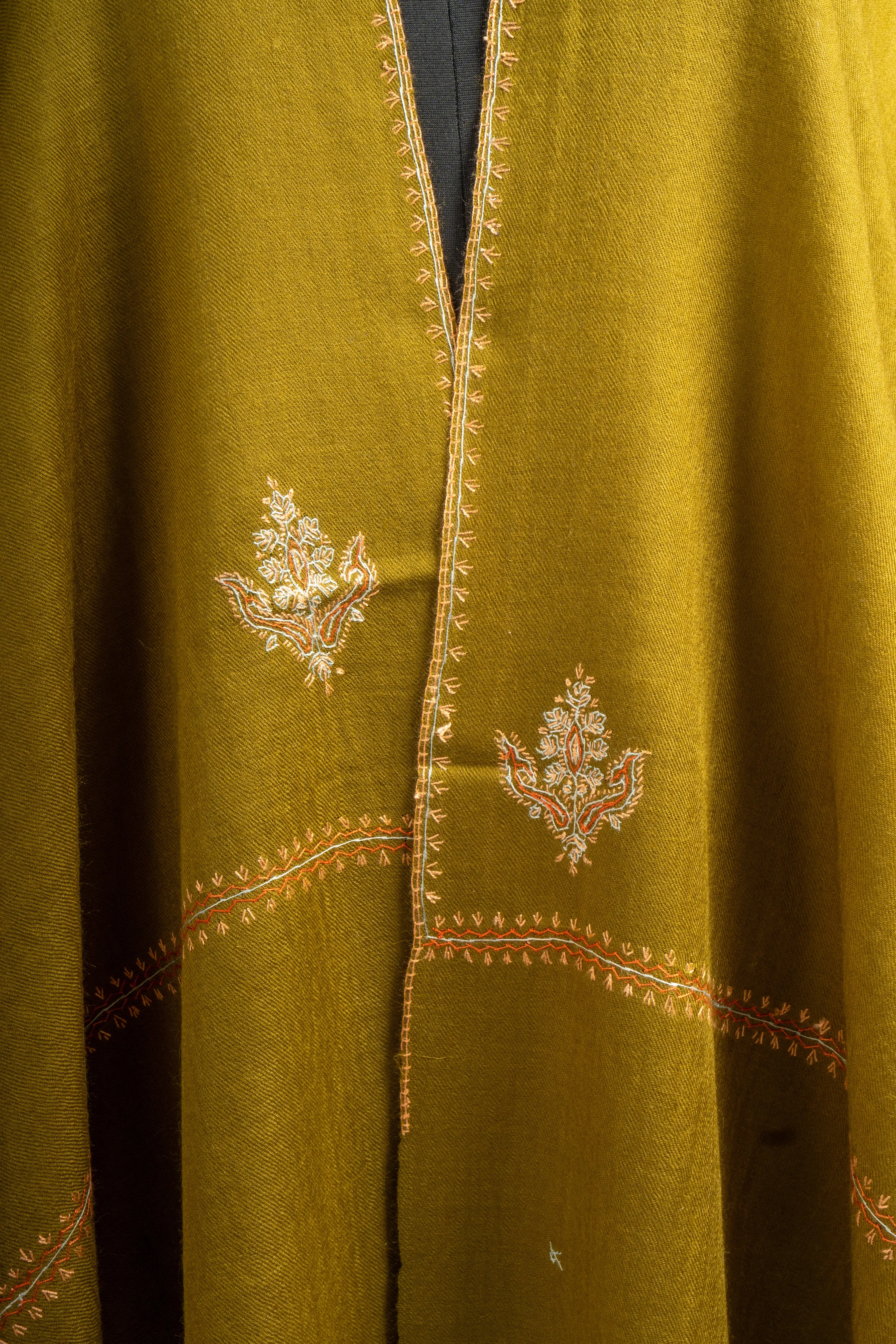 Olive Grace: Sozni Hand-Embroidered Merino Wool Scarf