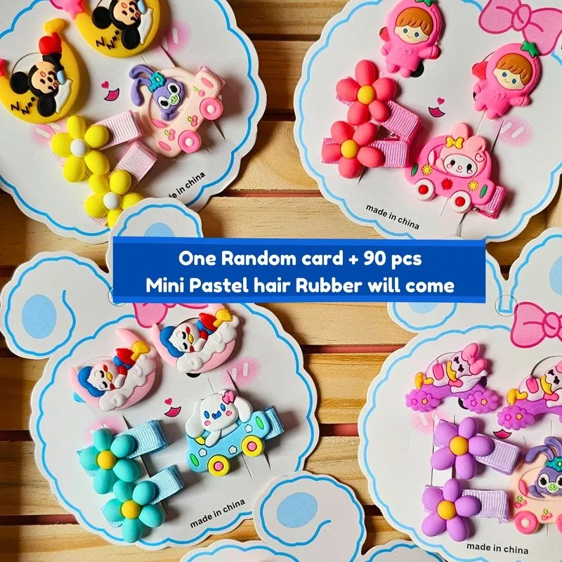 Pastel Mini Hair Ties with Teddy Flower Rainbow Cartoon hair Clip set (Pack of 2, Multicolor)