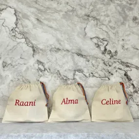 Red personalised cotton drawstring bags