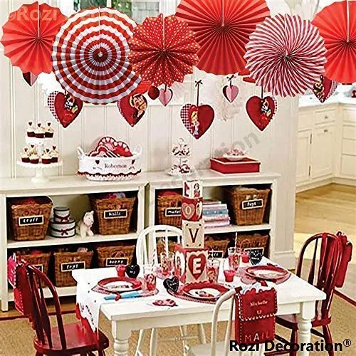 Rozi Decoration Paper Fan Decoration Items, Red, Set of 6