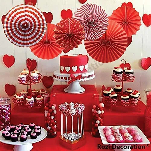 Rozi Decoration Paper Fan Decoration Items, Red, Set of 6