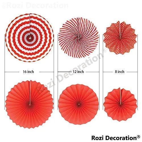 Rozi Decoration Paper Fan Decoration Items, Red, Set of 6