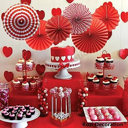 Rozi Decoration Paper Fan Decoration Items, Red, Set of 6