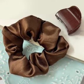 Set Of Two Brown Satin Scrunchie Hair Tie & Hair Clutch