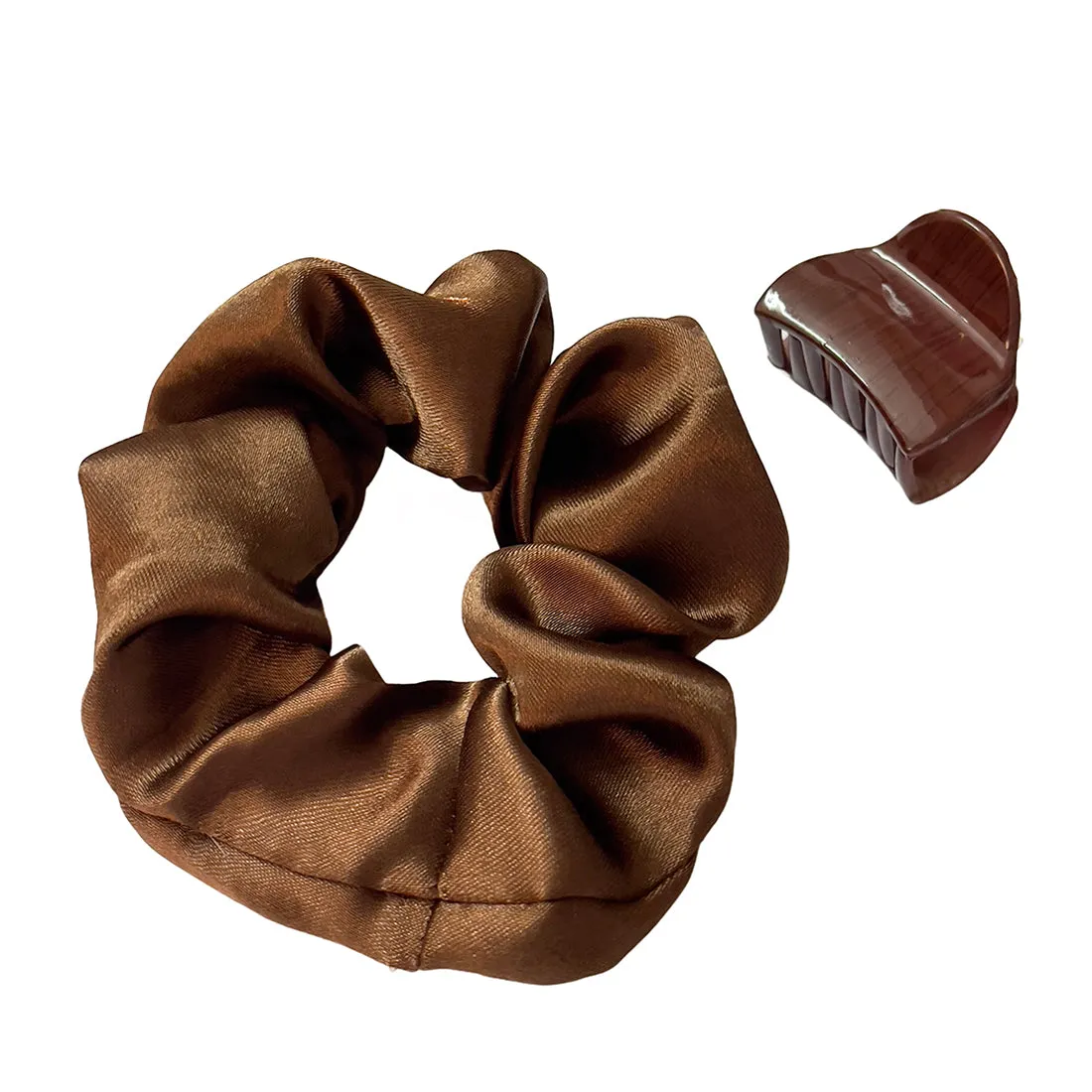 Set Of Two Brown Satin Scrunchie Hair Tie & Hair Clutch