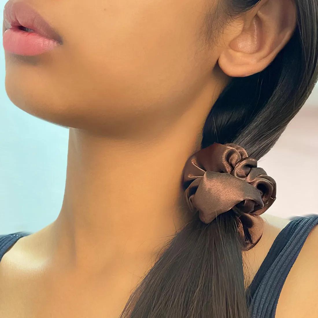 Set Of Two Brown Satin Scrunchie Hair Tie & Hair Clutch