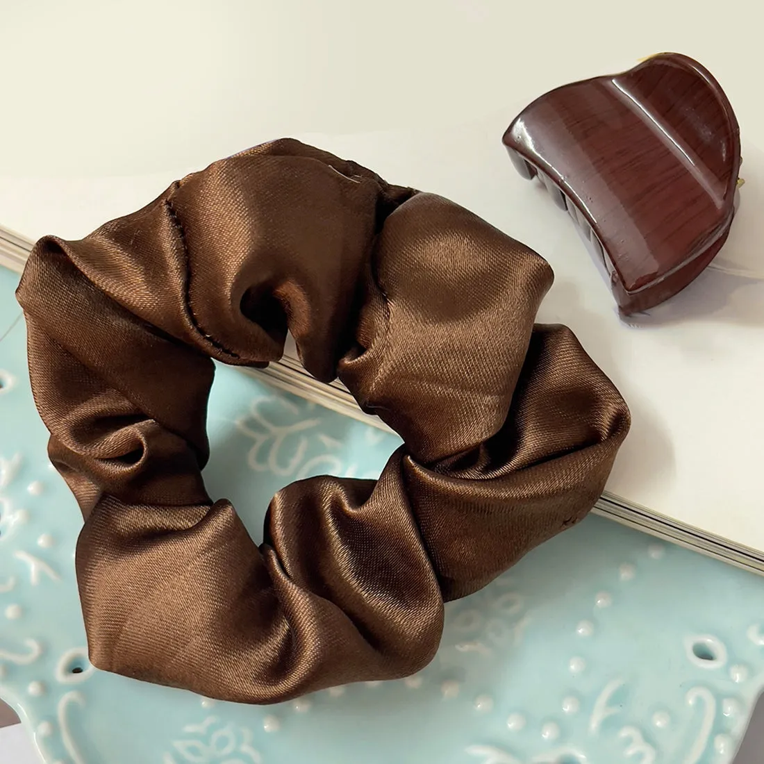 Set Of Two Brown Satin Scrunchie Hair Tie & Hair Clutch