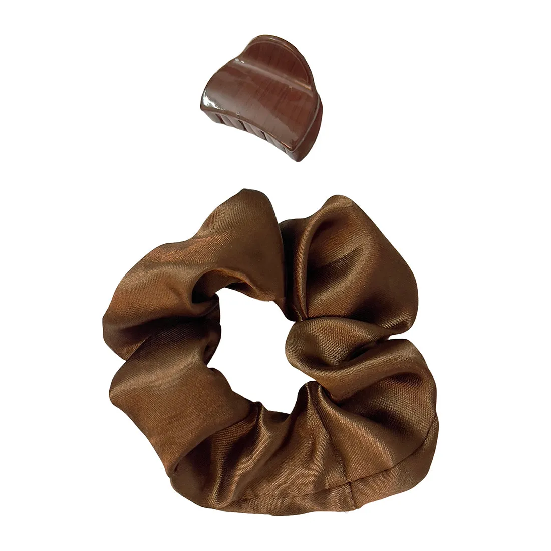 Set Of Two Brown Satin Scrunchie Hair Tie & Hair Clutch