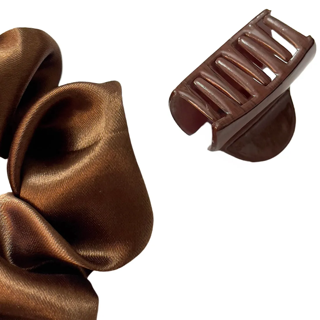 Set Of Two Brown Satin Scrunchie Hair Tie & Hair Clutch