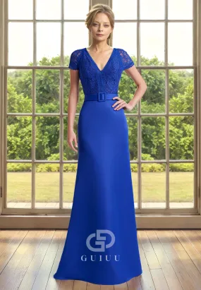 Sheath V Neck Half Sleeves Lace Back Zipper Buttons Mother of Bride Dress