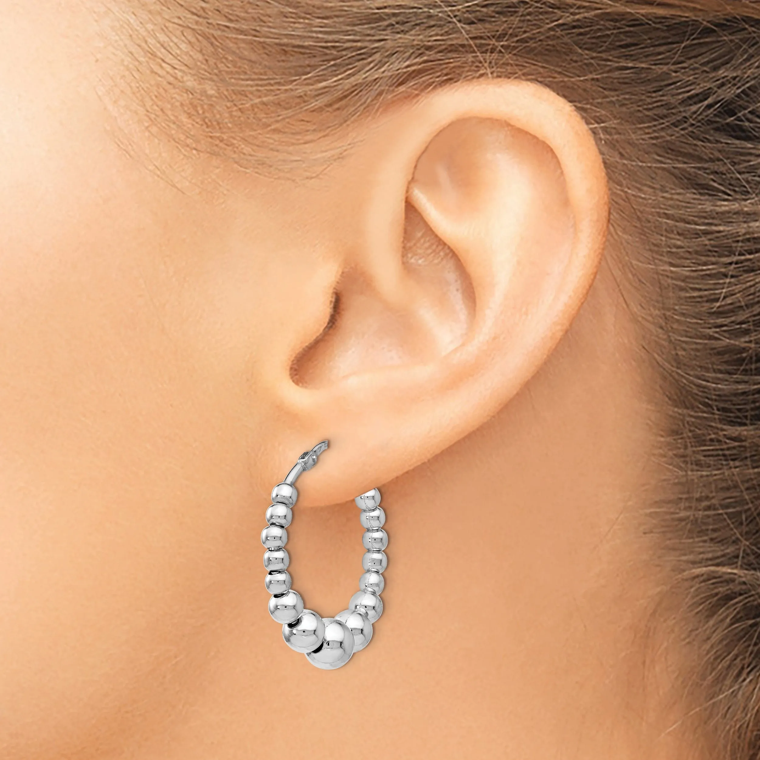 Silver Polished Beaded Hoop Earrings