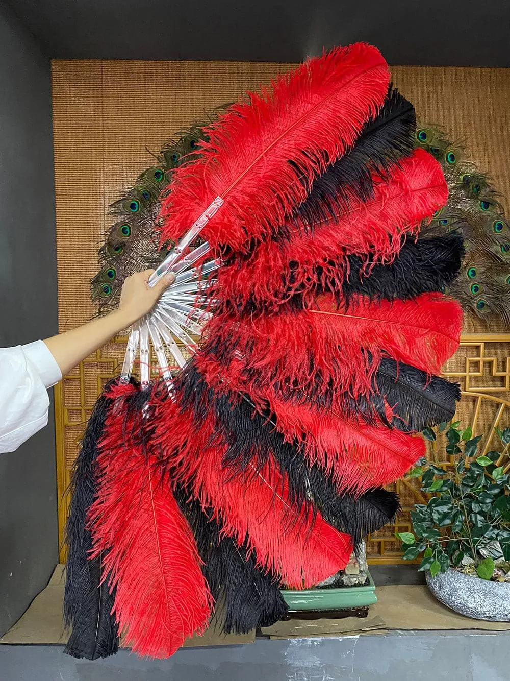 Single layer mix Red & black Beginner’s Ostrich Feather Fan 25"x 45"