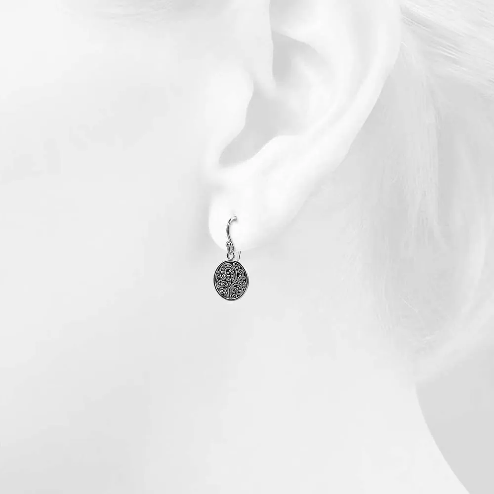 Solid 925 Signature Silver Petrified Garden Filigree Hook Earrings