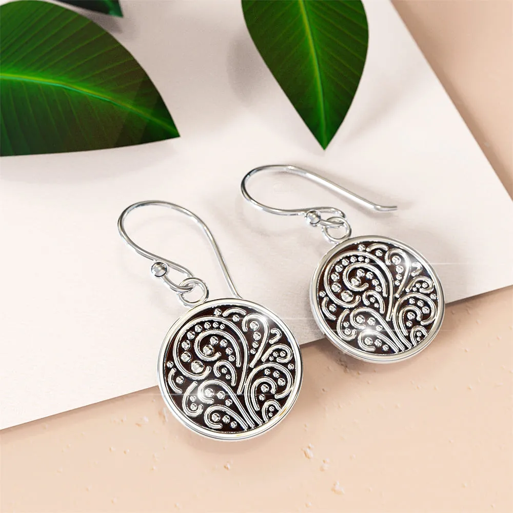Solid 925 Signature Silver Petrified Garden Filigree Hook Earrings