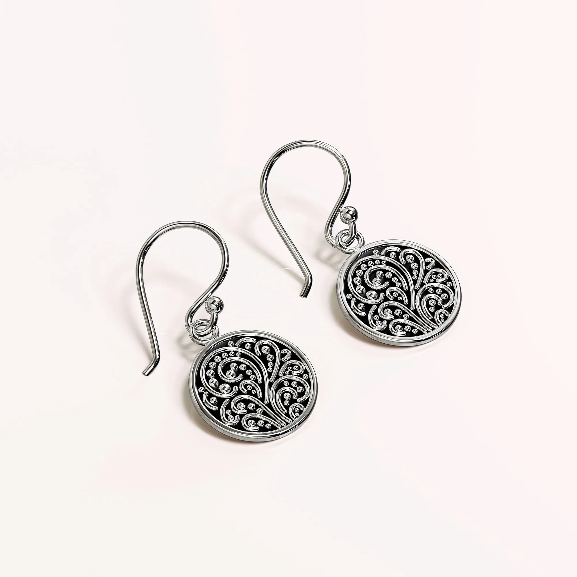 Solid 925 Signature Silver Petrified Garden Filigree Hook Earrings