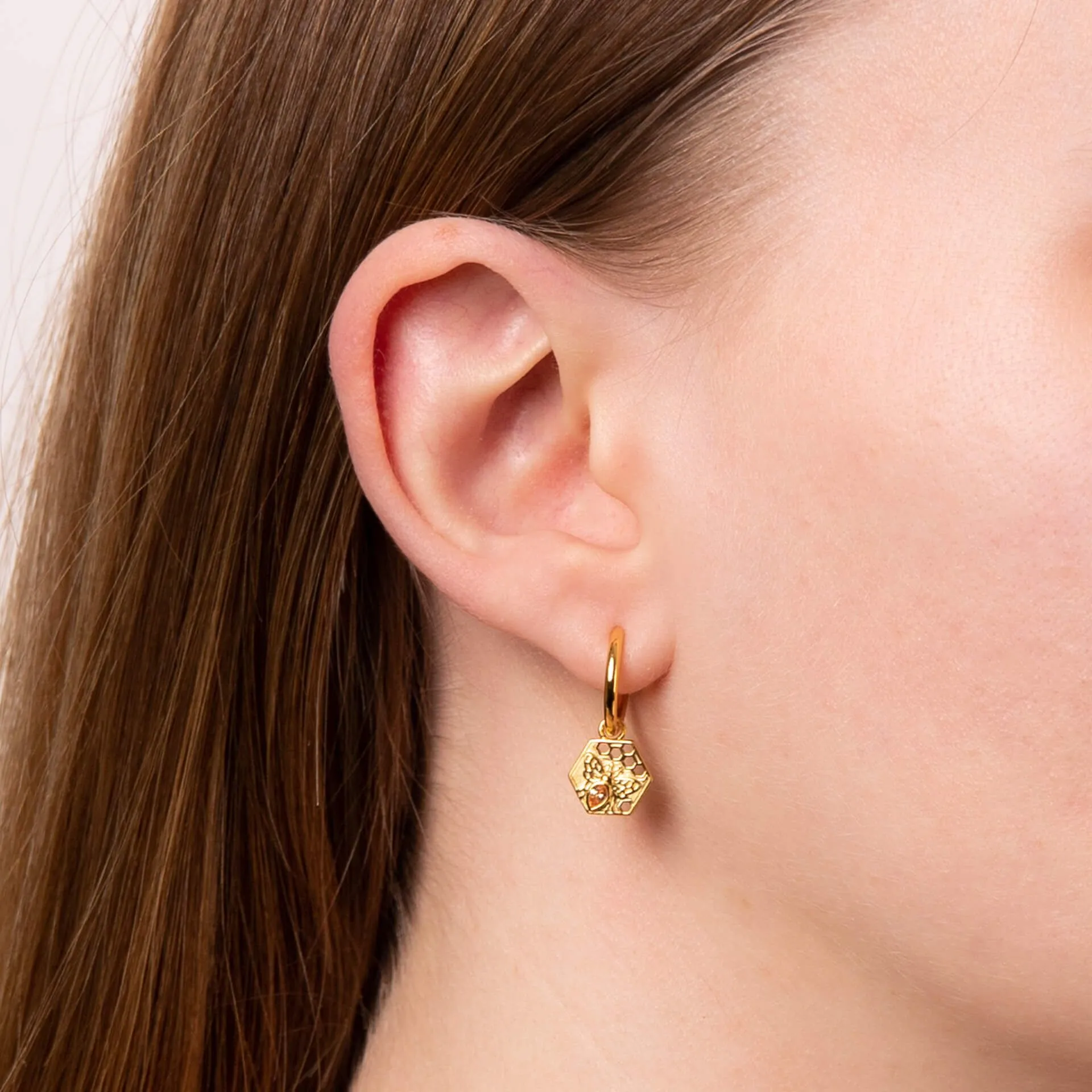 Sterling Silver Gold Plated Hexagon Bee CZ Drop Hoop Earrings