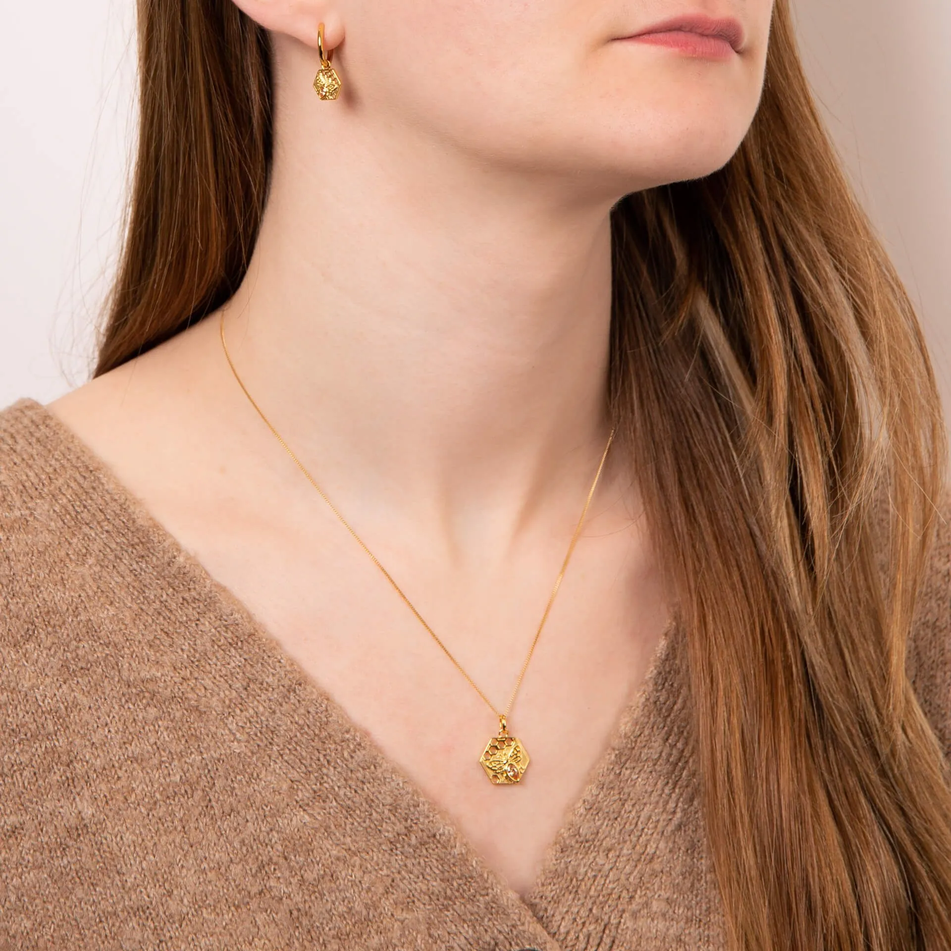 Sterling Silver Gold Plated Hexagon Bee CZ Drop Hoop Earrings