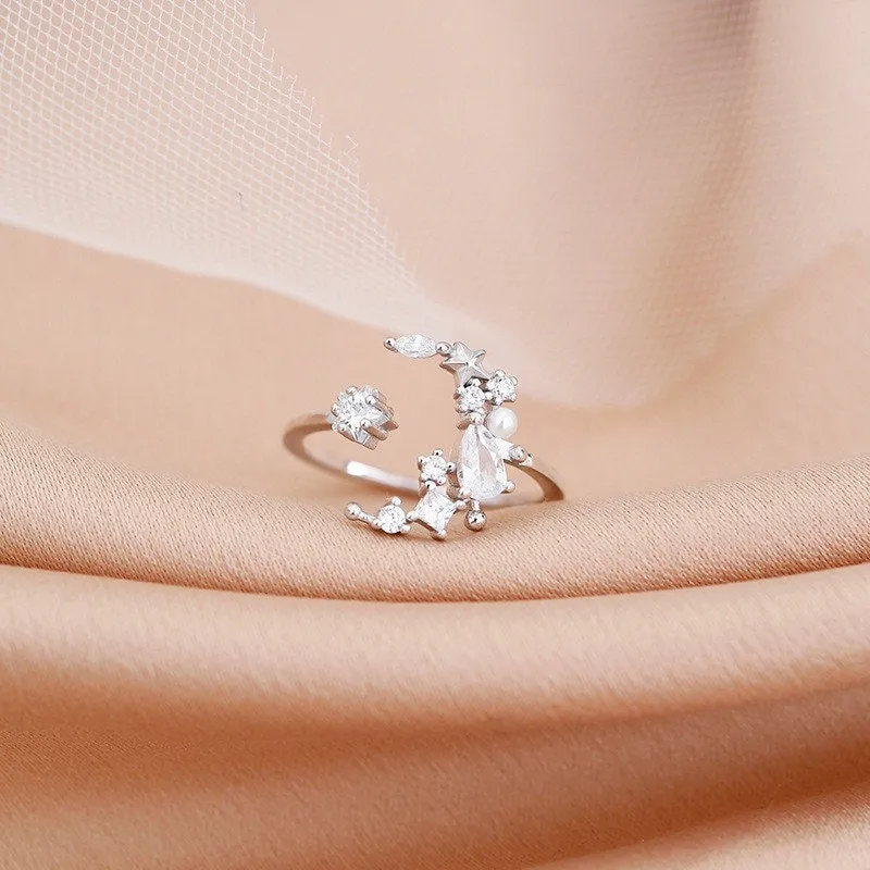 Sterling Silver Moon Star Ring| Adjustable Ring| S925| Diamond moon| Romantic| Best gift |Galaxy