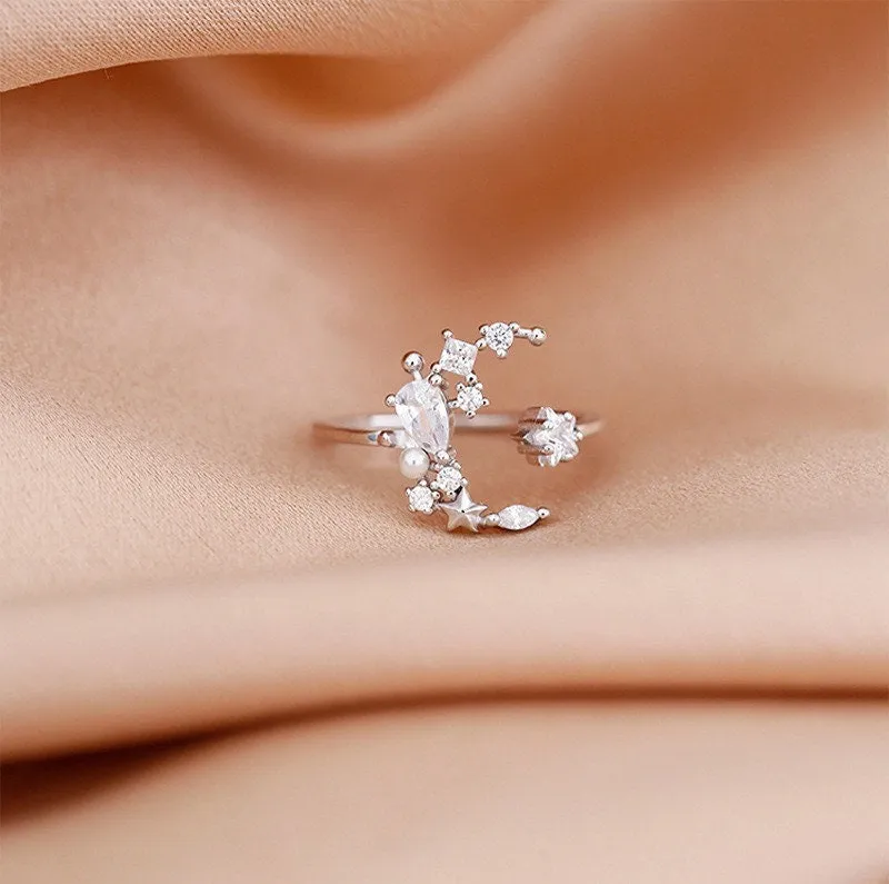 Sterling Silver Moon Star Ring| Adjustable Ring| S925| Diamond moon| Romantic| Best gift |Galaxy