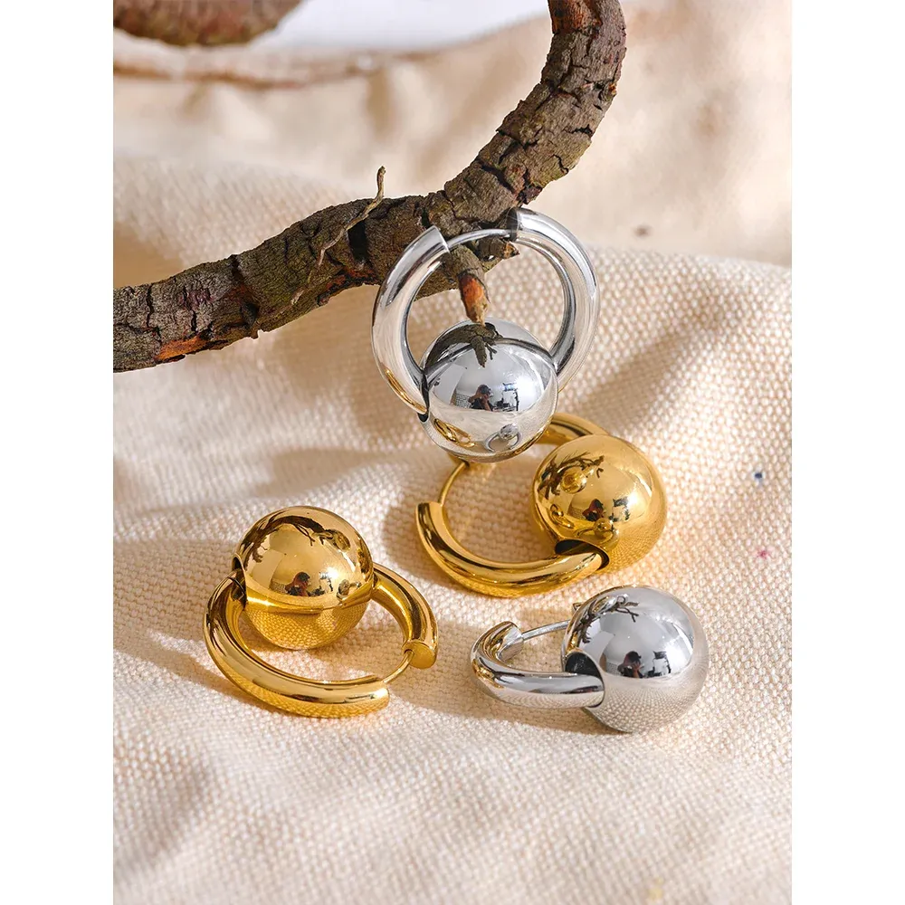 VAIGE 316L Stainless Steel Round Ball Hoop Earrings - Waterproof 18K Gold PVD Plated Fashion Jewelry