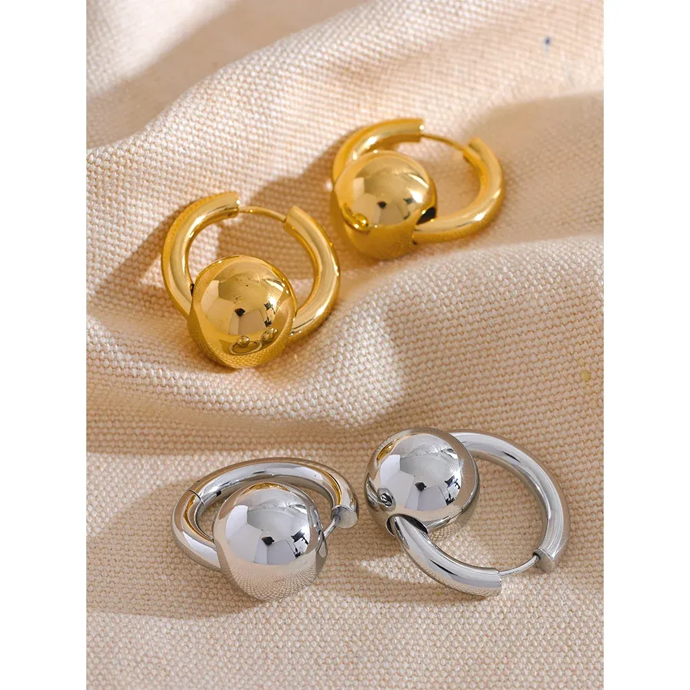 VAIGE 316L Stainless Steel Round Ball Hoop Earrings - Waterproof 18K Gold PVD Plated Fashion Jewelry