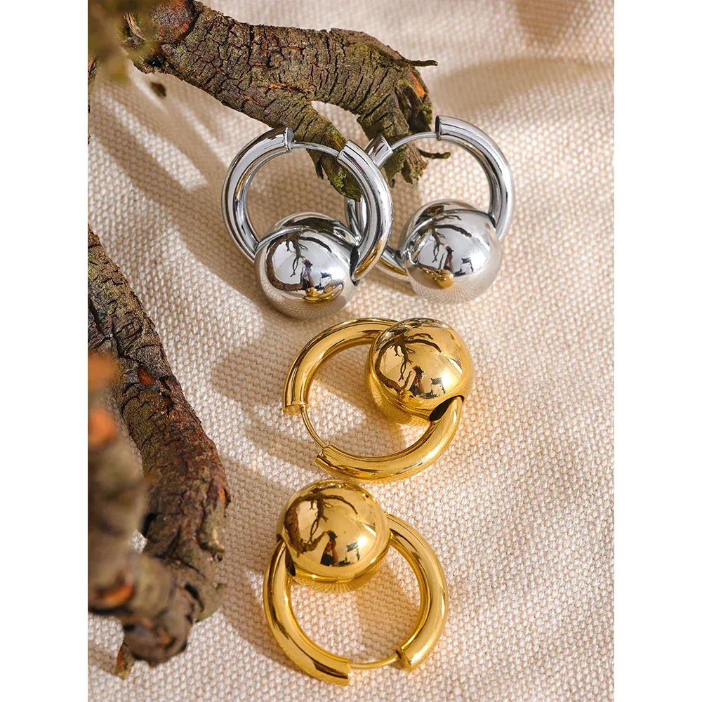 VAIGE 316L Stainless Steel Round Ball Hoop Earrings - Waterproof 18K Gold PVD Plated Fashion Jewelry