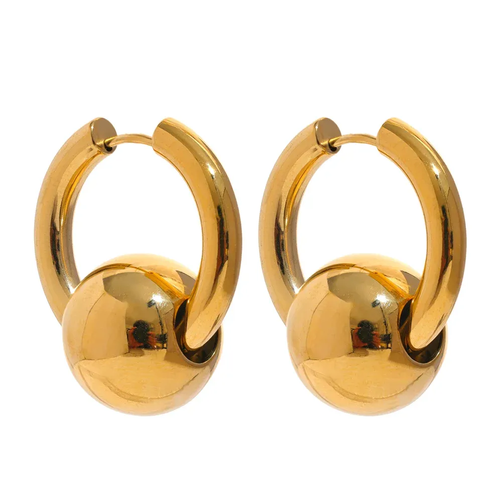 VAIGE 316L Stainless Steel Round Ball Hoop Earrings - Waterproof 18K Gold PVD Plated Fashion Jewelry