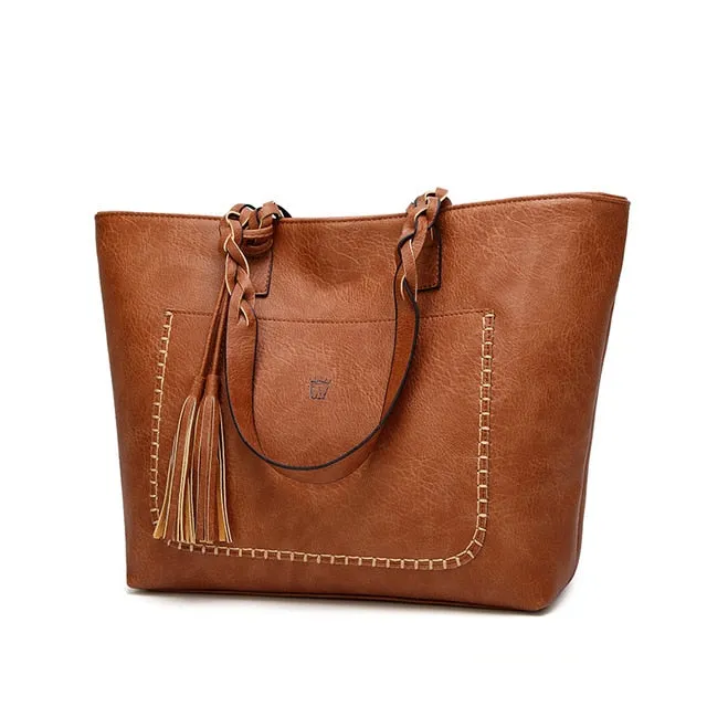 Vintage Elegant Women's Leather Tote Bag With Tassel For Shopping Daily Use