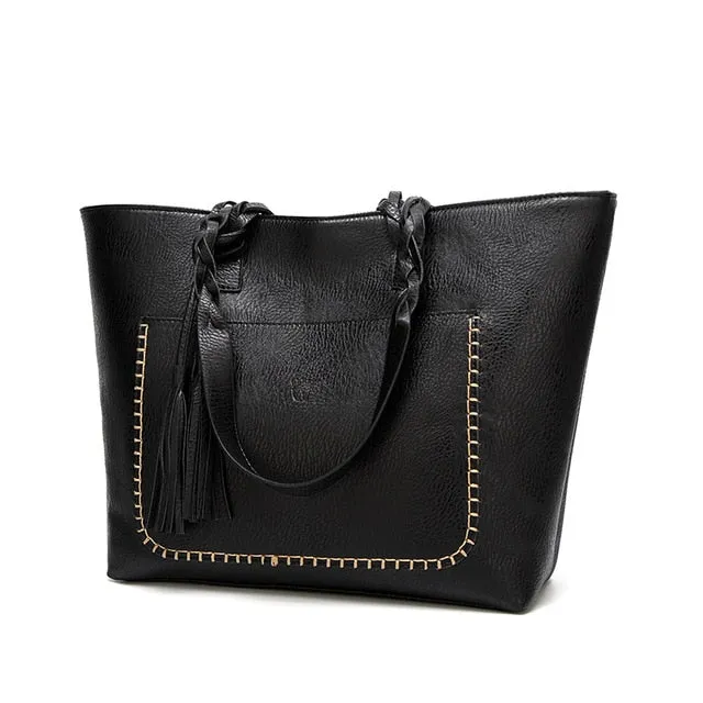 Vintage Elegant Women's Leather Tote Bag With Tassel For Shopping Daily Use