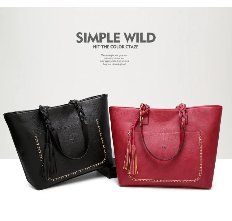 Vintage Elegant Women's Leather Tote Bag With Tassel For Shopping Daily Use