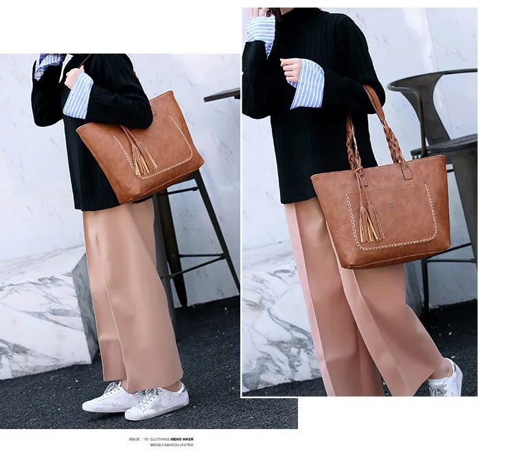 Vintage Elegant Women's Leather Tote Bag With Tassel For Shopping Daily Use