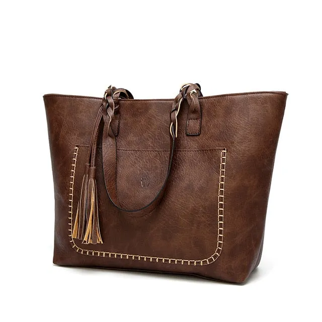 Vintage Elegant Women's Leather Tote Bag With Tassel For Shopping Daily Use