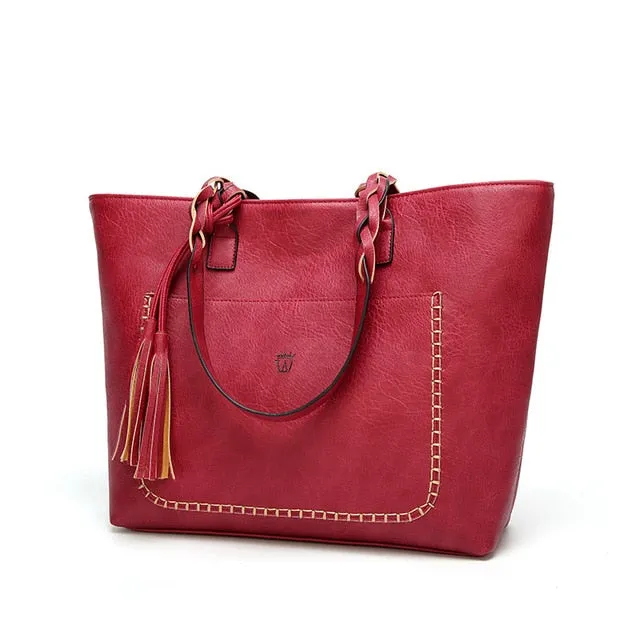 Vintage Elegant Women's Leather Tote Bag With Tassel For Shopping Daily Use