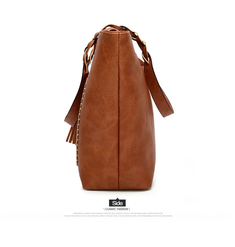 Vintage Elegant Women's Leather Tote Bag With Tassel For Shopping Daily Use