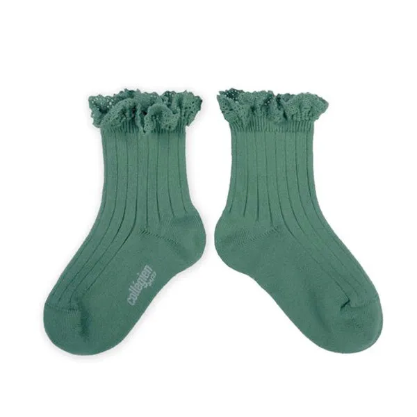 Women's Lace Trim Ribbed Ankle Socks - jade