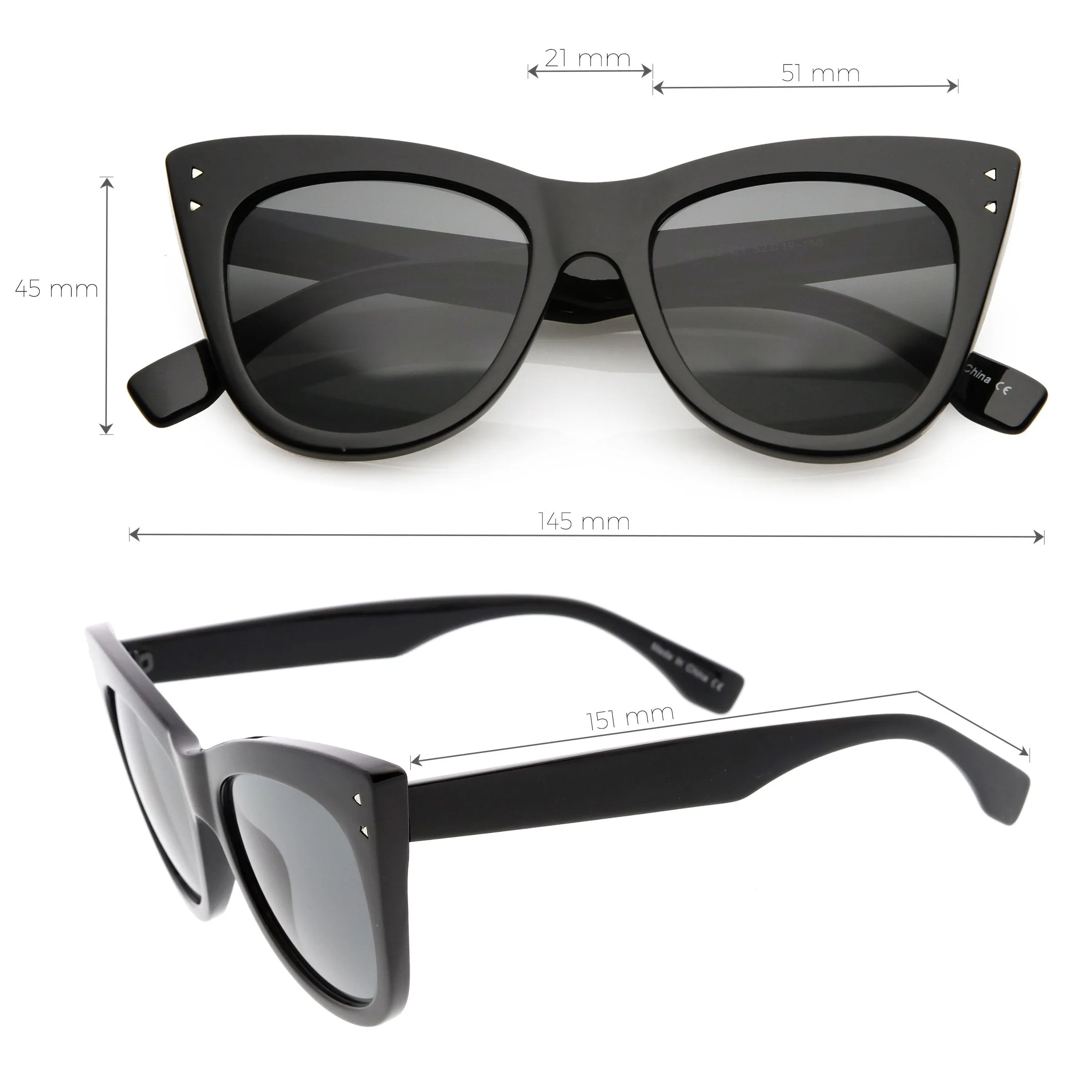 Women's Oversize Wide High Tip Rivets Cat Eye Sunglasses C851