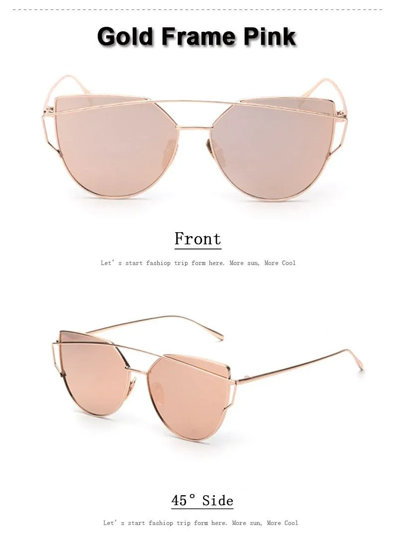 Women's Twin Beam Cat Eye Rose Gold Designer Sunglasses with Mirror Lens
