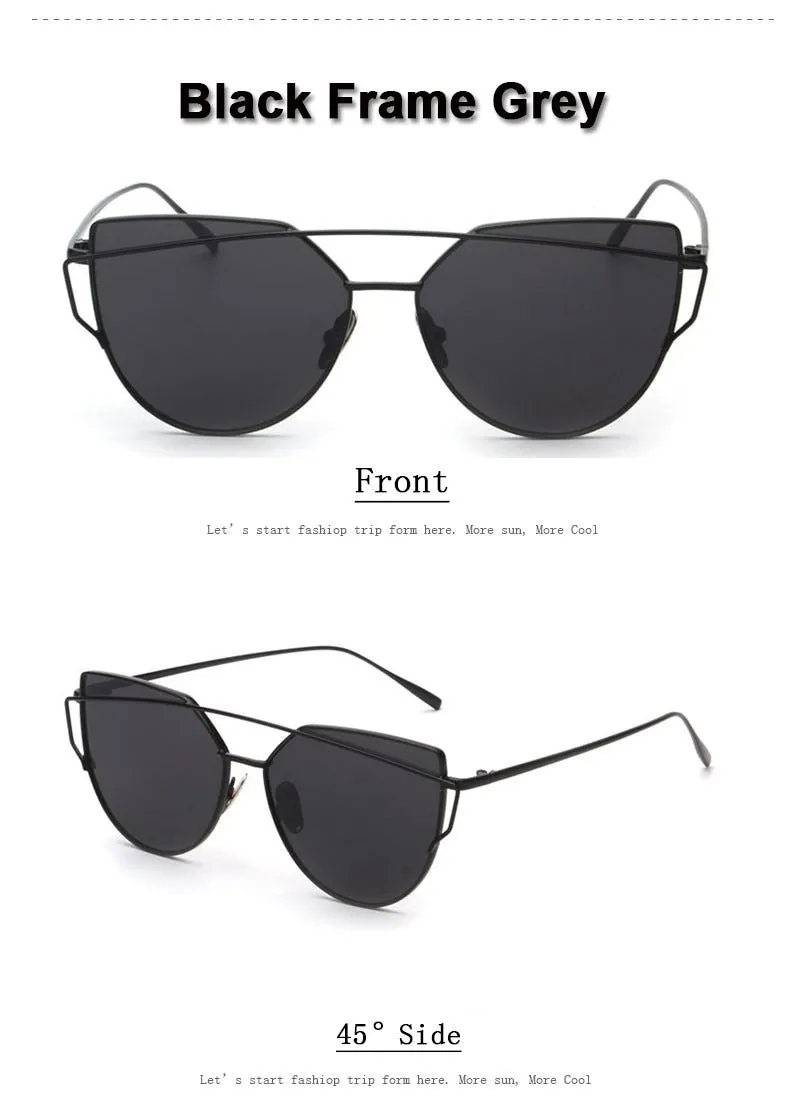 Women's Twin Beam Cat Eye Rose Gold Designer Sunglasses with Mirror Lens